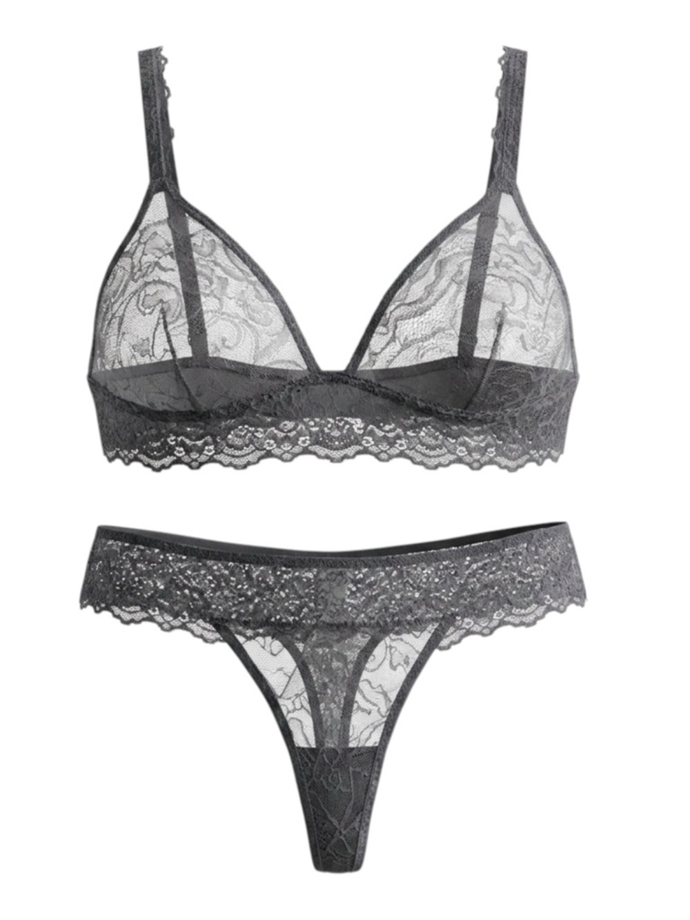 NWT JENNA LEIGH Lace Lingerie Set Triangle Bra Sz.L Thong Panties Sz.M Gray Sexy